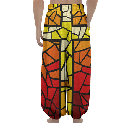 Orange And Red Stained Glass Cross Print Lantern Pants
