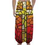 Orange And Red Stained Glass Cross Print Lantern Pants