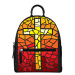 Orange And Red Stained Glass Cross Print Leather Backpack