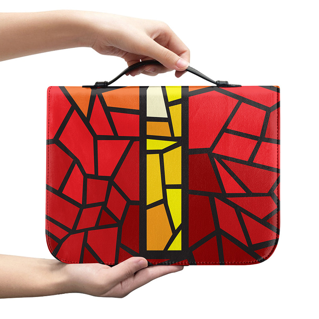 Orange And Red Stained Glass Cross Print Leather Bible Cover