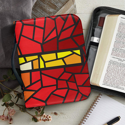 Orange And Red Stained Glass Cross Print Leather Bible Cover