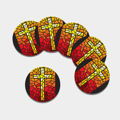 Orange And Red Stained Glass Cross Print Leather Coaster Set