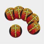 Orange And Red Stained Glass Cross Print Leather Coaster Set