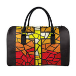 Orange And Red Stained Glass Cross Print Leather Duffle Bag
