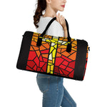 Orange And Red Stained Glass Cross Print Leather Duffle Bag