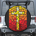 Orange And Red Stained Glass Cross Print Leather Spare Tire Cover