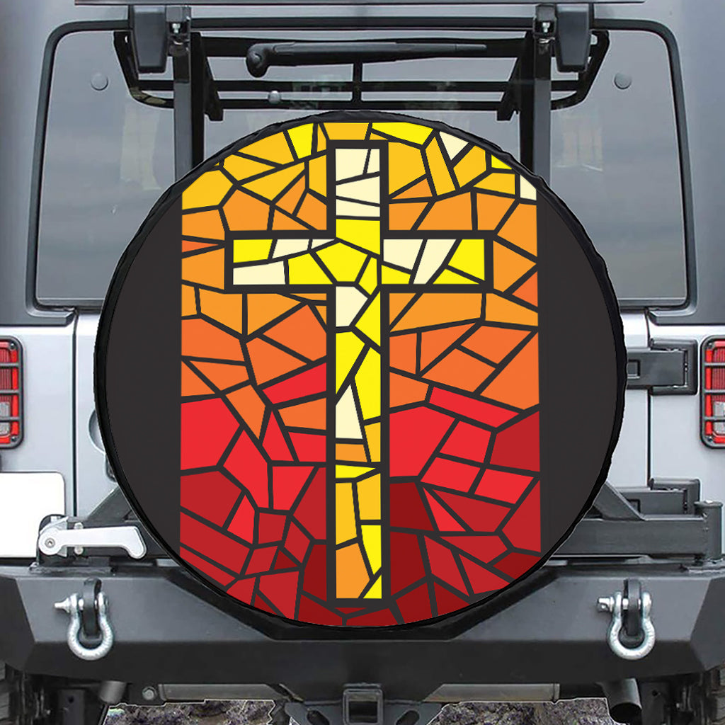 Orange And Red Stained Glass Cross Print Leather Spare Tire Cover