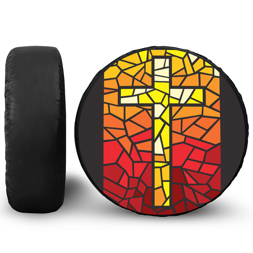 Orange And Red Stained Glass Cross Print Leather Spare Tire Cover