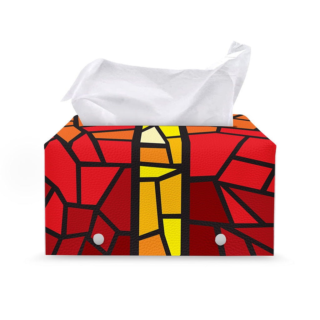 Orange And Red Stained Glass Cross Print Leather Tissue Box Cover