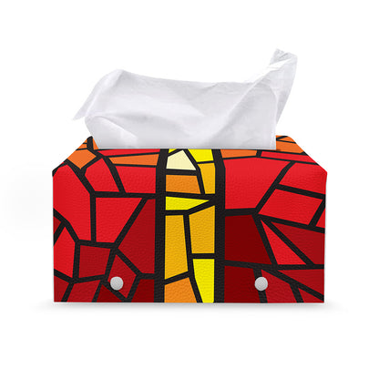 Orange And Red Stained Glass Cross Print Leather Tissue Box Cover