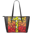 Orange And Red Stained Glass Cross Print Leather Tote Bag With Zipper
