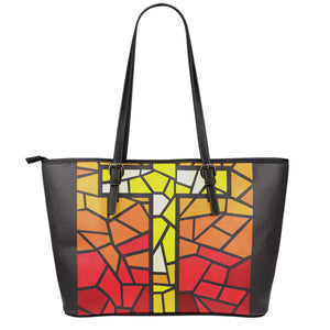 Orange And Red Stained Glass Cross Print Leather Tote Bag