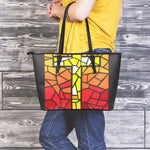 Orange And Red Stained Glass Cross Print Leather Tote Bag