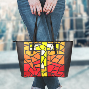 Orange And Red Stained Glass Cross Print Leather Tote Bag