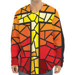 Orange And Red Stained Glass Cross Print Long Sleeve Baseball Jersey