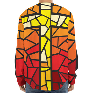 Orange And Red Stained Glass Cross Print Long Sleeve Baseball Jersey