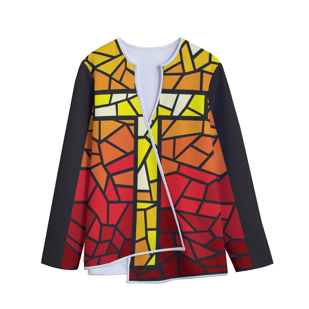 Orange And Red Stained Glass Cross Print Long Sleeve Short Coat