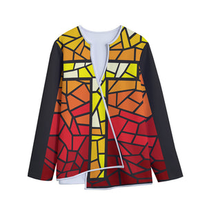 Orange And Red Stained Glass Cross Print Long Sleeve Short Coat