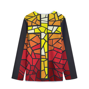 Orange And Red Stained Glass Cross Print Long Sleeve Short Coat