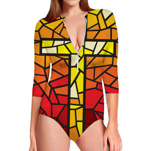 Orange And Red Stained Glass Cross Print Long Sleeve Swimsuit