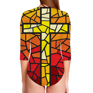 Orange And Red Stained Glass Cross Print Long Sleeve Swimsuit