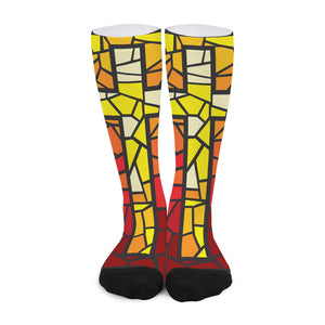 Orange And Red Stained Glass Cross Print Long Socks