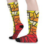 Orange And Red Stained Glass Cross Print Long Socks