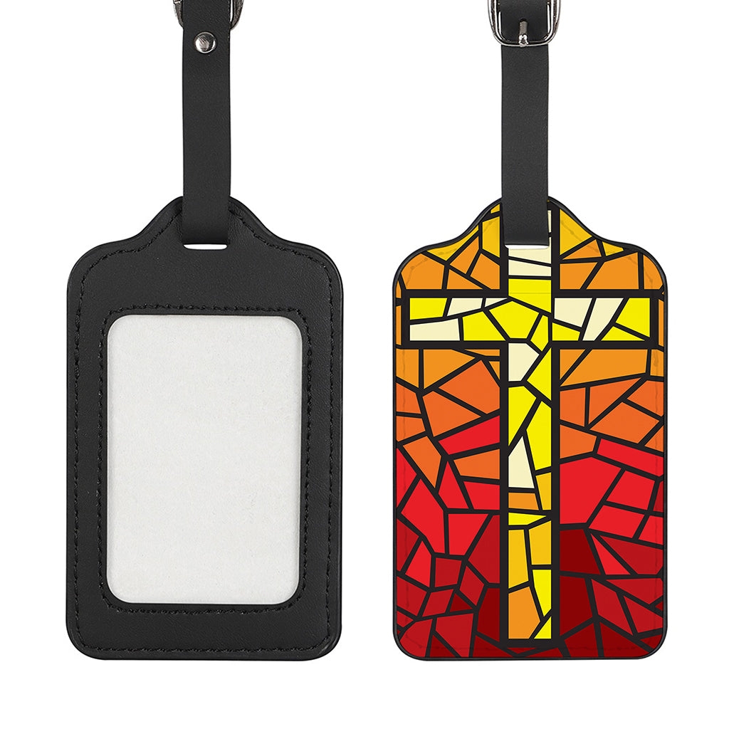 Orange And Red Stained Glass Cross Print Luggage Tag
