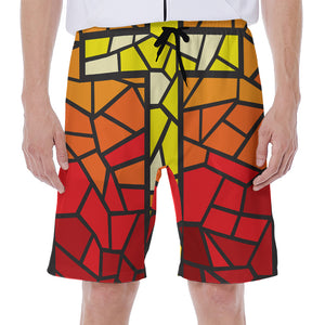 Orange And Red Stained Glass Cross Print Men's Beach Shorts