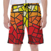 Orange And Red Stained Glass Cross Print Men's Beach Shorts