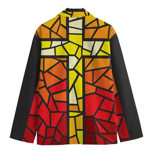 Orange And Red Stained Glass Cross Print Men's Blazer