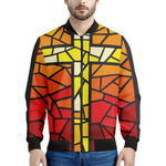 Orange And Red Stained Glass Cross Print Men's Bomber Jacket