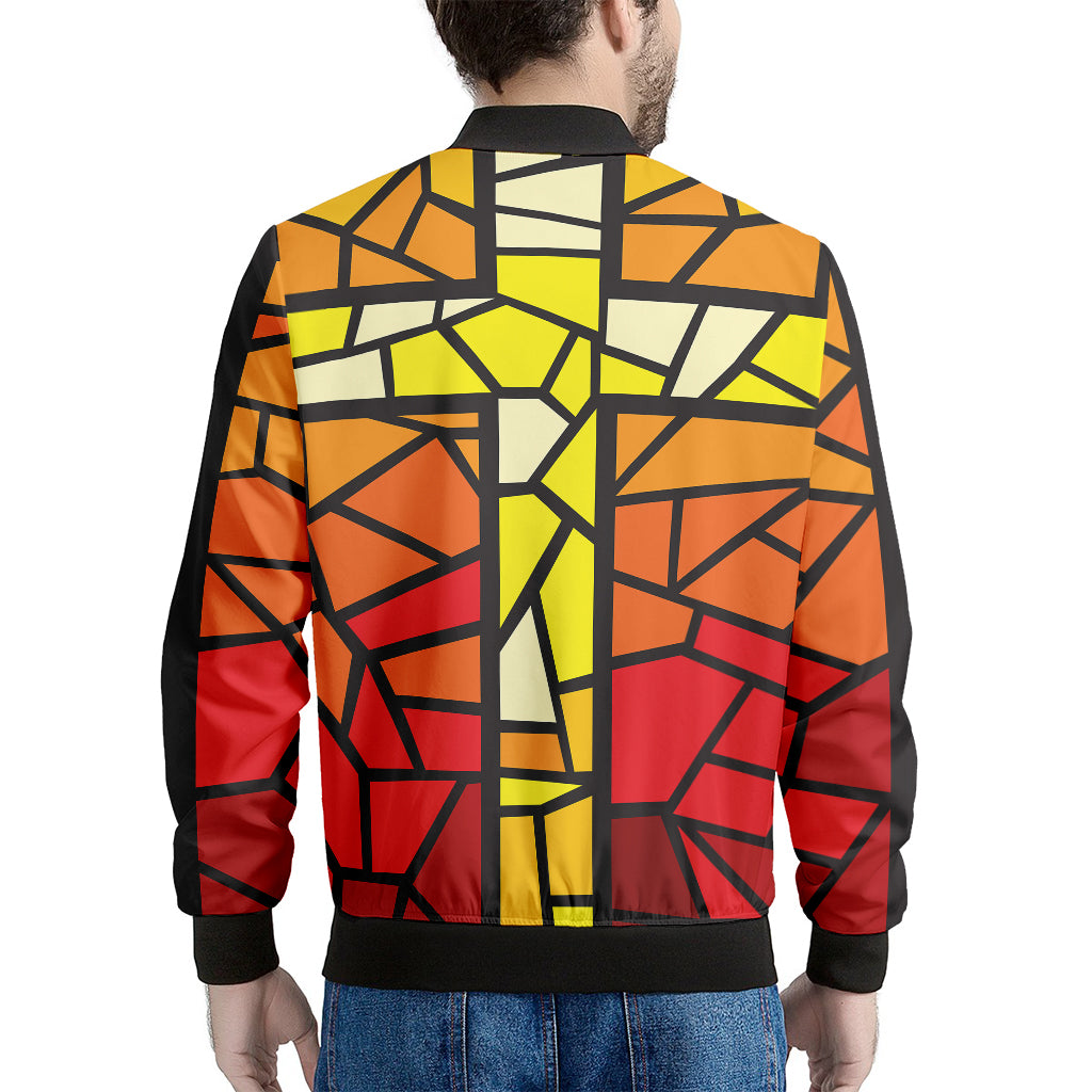 Orange And Red Stained Glass Cross Print Men's Bomber Jacket