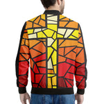 Orange And Red Stained Glass Cross Print Men's Bomber Jacket