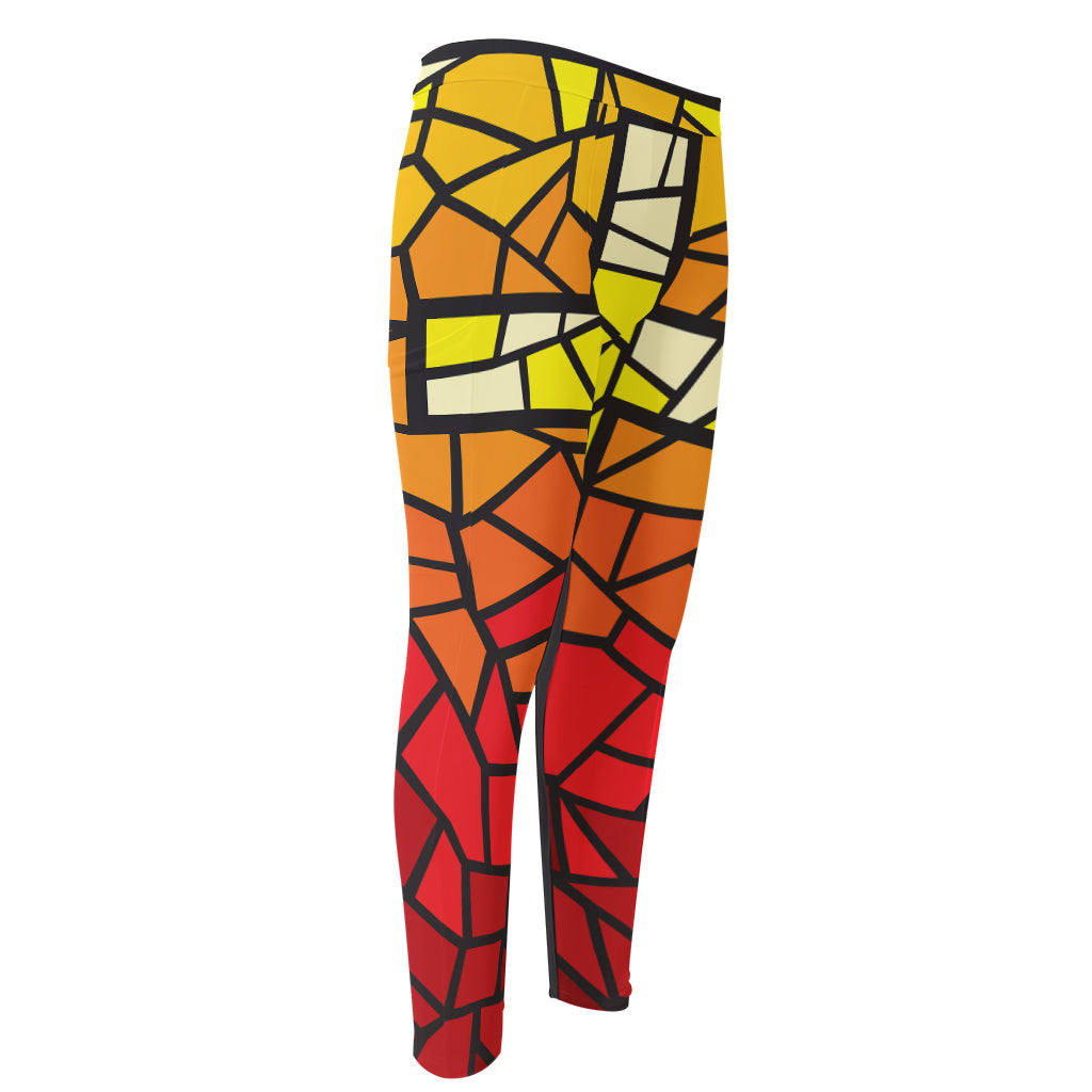 Orange And Red Stained Glass Cross Print Men's Compression Pants