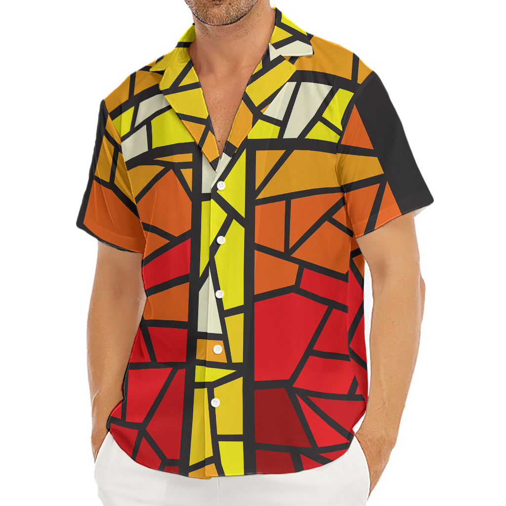 Orange And Red Stained Glass Cross Print Men's Deep V-Neck Shirt