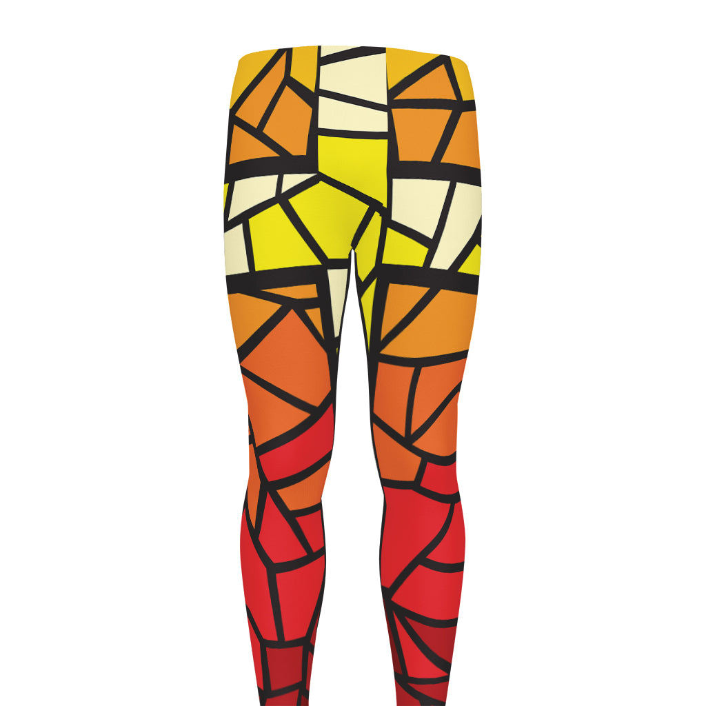 Orange And Red Stained Glass Cross Print Men's leggings