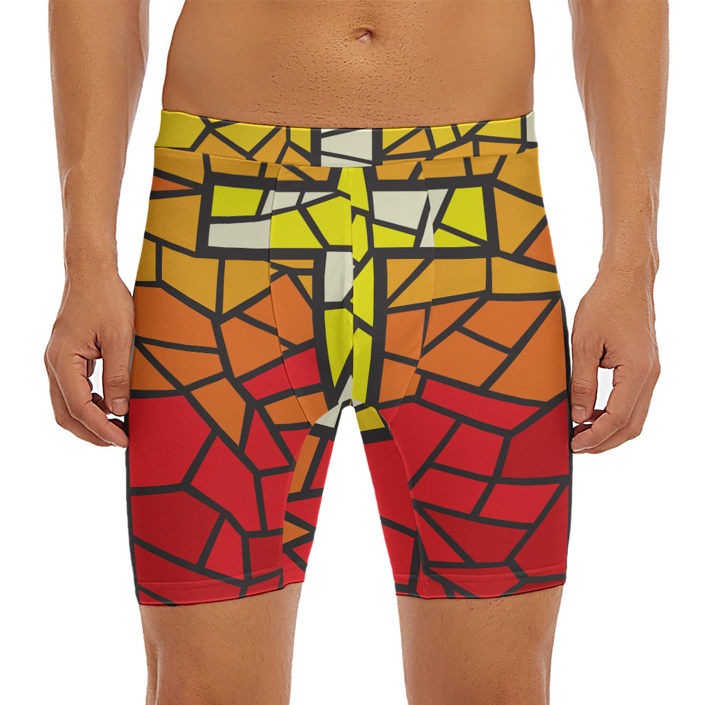 Orange And Red Stained Glass Cross Print Men's Long Boxer Briefs
