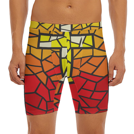 Orange And Red Stained Glass Cross Print Men's Long Boxer Briefs