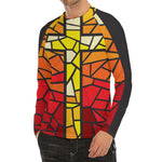 Orange And Red Stained Glass Cross Print Men's Long Sleeve Rash Guard