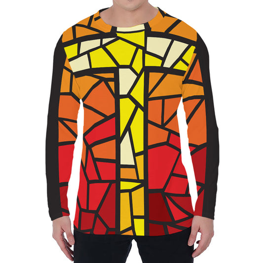 Orange And Red Stained Glass Cross Print Men's Long Sleeve T-Shirt