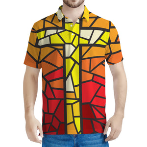 Orange And Red Stained Glass Cross Print Men's Polo Shirt