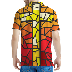 Orange And Red Stained Glass Cross Print Men's Polo Shirt