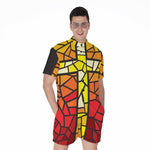 Orange And Red Stained Glass Cross Print Men's Rompers