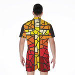 Orange And Red Stained Glass Cross Print Men's Rompers
