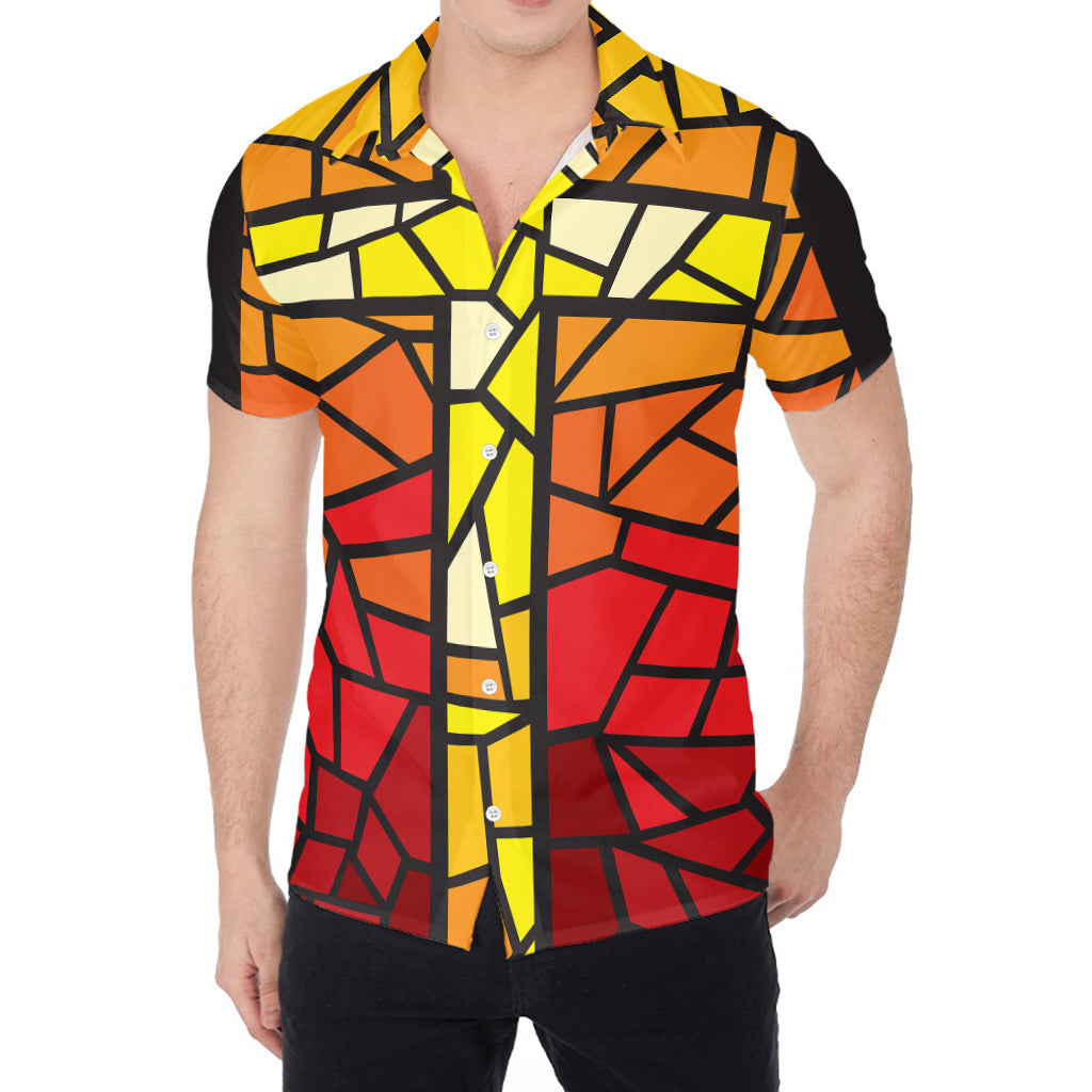 Orange And Red Stained Glass Cross Print Men's Shirt