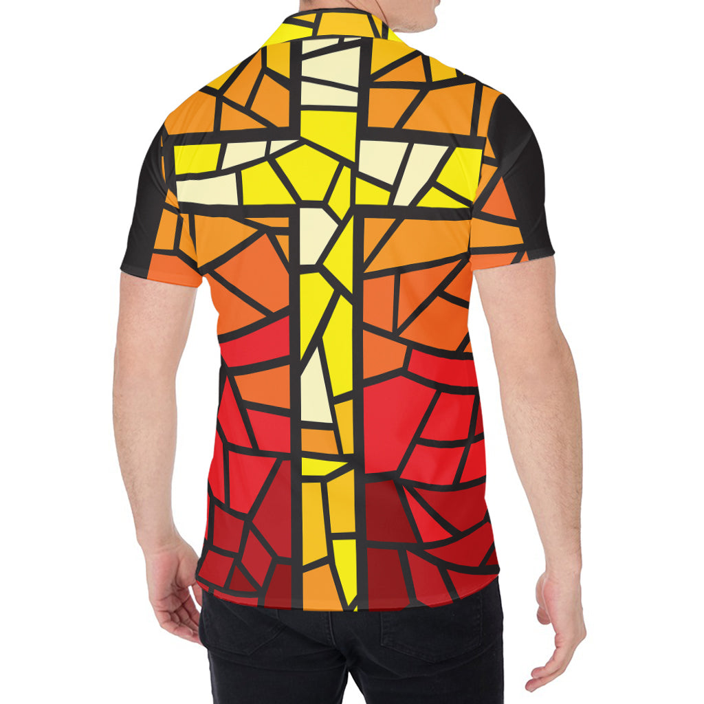 Orange And Red Stained Glass Cross Print Men's Shirt