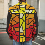 Orange And Red Stained Glass Cross Print Men's Shirt Jacket