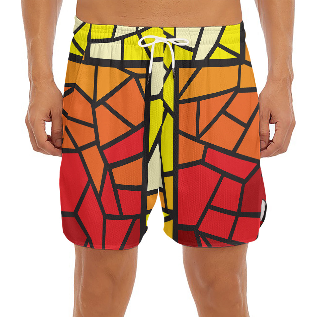 Orange And Red Stained Glass Cross Print Men's Split Running Shorts