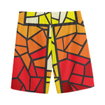 Orange And Red Stained Glass Cross Print Men's Sports Shorts